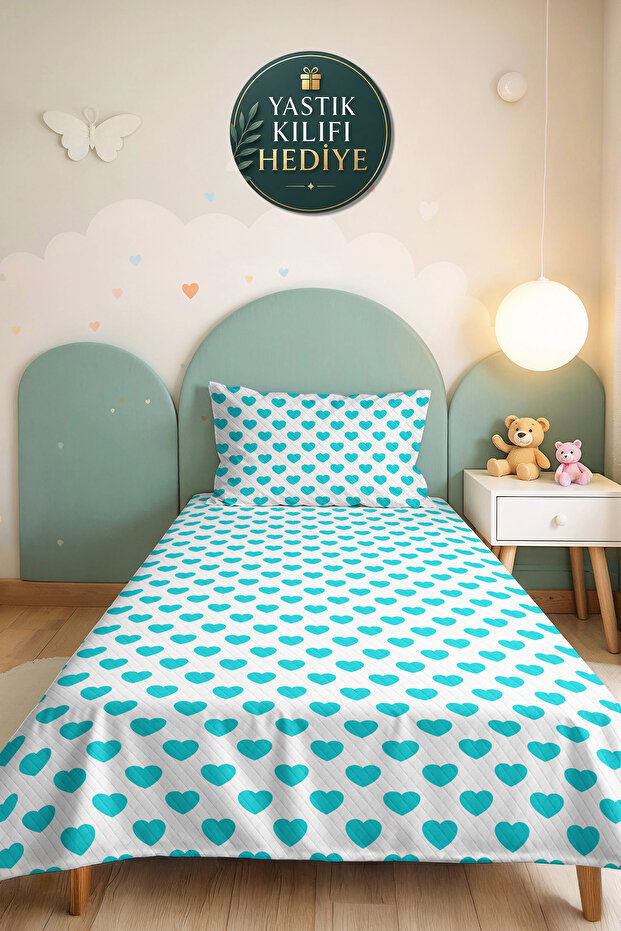 Heart Turquoise Young Room Single Pique Set - Minimal White 160X220 cm Quilted Bedspread