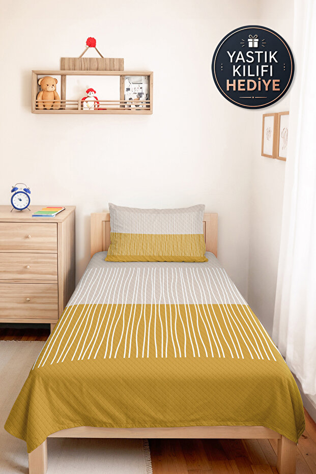 Yellow Striped Modern Young Room Single Pique Set - Geometric 160X220 cm Quilted Bedspread