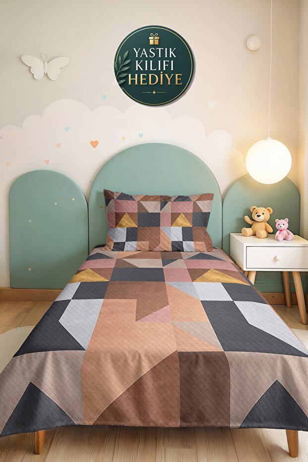 Geometric Powder Young Room Single Pique Set - Gray Beige Modern 160X220 cm Quilted Bedspread