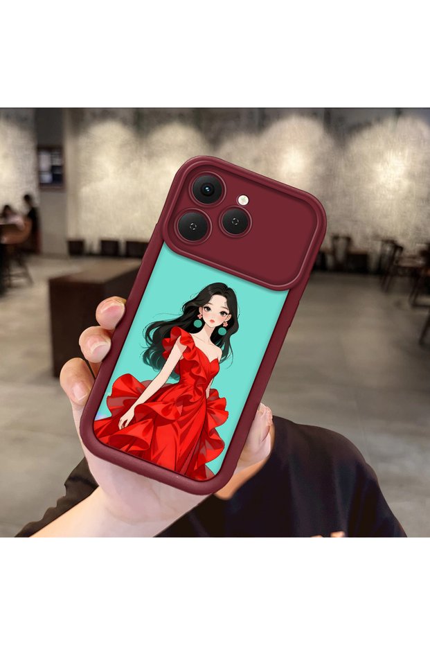 Tecno Spark 40 Compatible Case Camera Protector Burgundy Silicone Couple Phone Case Girl Pattern