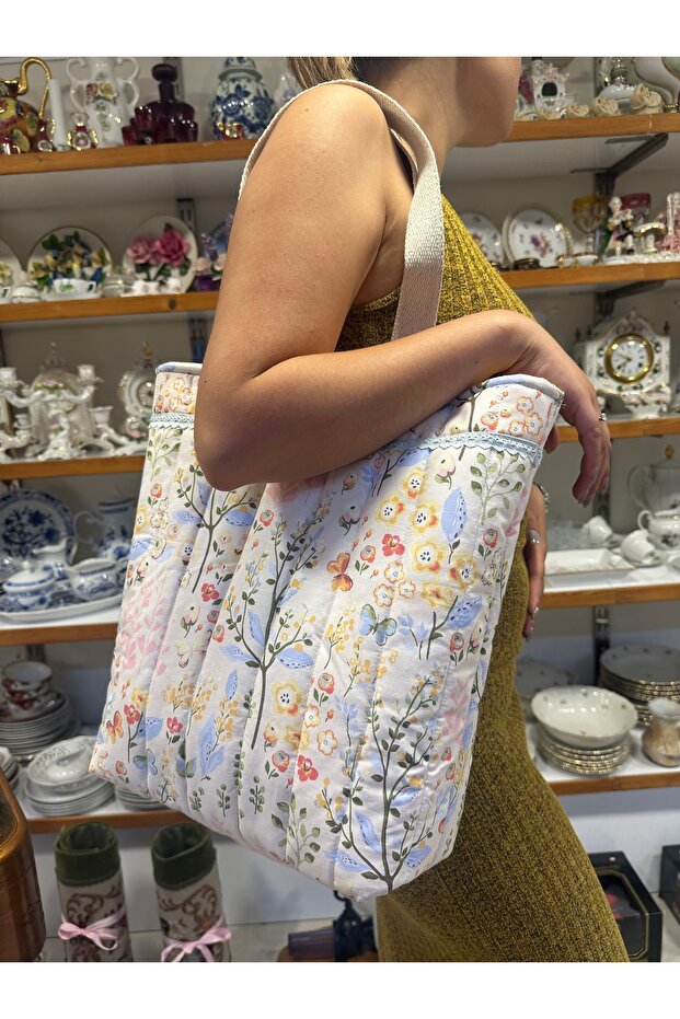 White Floral Patterned Lace Thermos Bag Handmade Bag Handbag Picnic Bag Large Size 100% Cotton