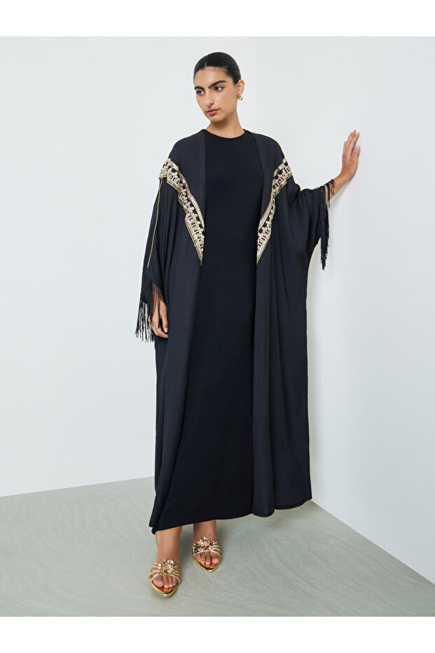 Black Sequin Decorated with Cuff Tassel Abayas