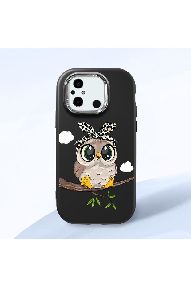 Poco C55 Compatible Case Camera Protector Black Silicone Couple Phone Case Owl Patterned