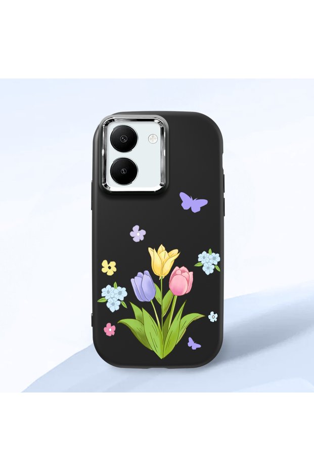 Vivo Y27 Compatible Case Camera Protective Black Silicone Couple Phone Case with Flower Pattern