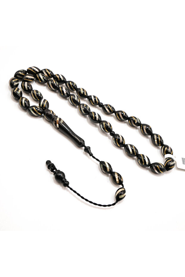 Kuka Wood Rosary 33 Beads 7.5x11.5mm Black Oval Prayer Beads 21g with Copper & Silver Inlay