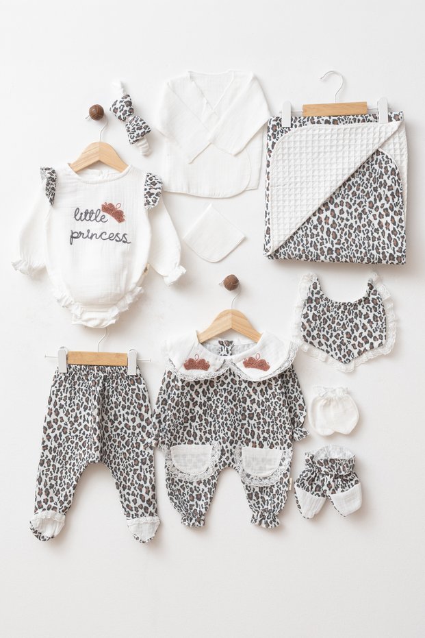 Baby Girl 100% Cotton Double Layer Leopard Muslin 10 Piece Newborn Hospital Release Bodysuit Set Yk2251