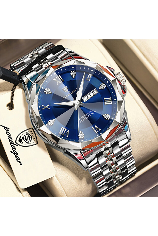 698 Silver Blue Luxury Men Clock Waterproof Luminous Date Week Men's Watch Stainless Steel Quartz B