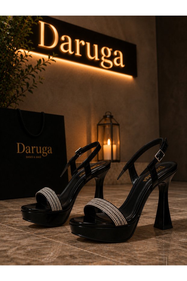 Black Shiny Stone Open Back Evening Dress Shoes with Thin Heels