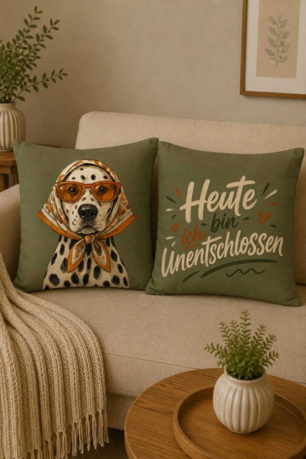 Set of 2 Decorative Throw Pillow Covers – Dalmatian Dog and German Text Design
