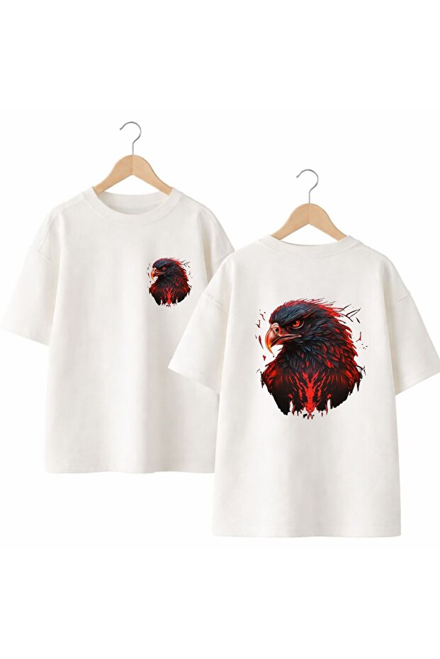 Keskin Kartal Red Back and Front Chest Printed 100% Cotton Oversize Loose Regular Fit Crew Neck T-Shirt