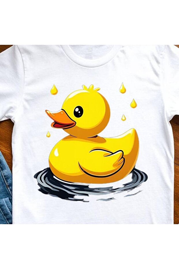 تي شيرت أسود ممتع مزين بنمط بطة مطاطية صفراء كرتونية وعناصر قطرات المطر