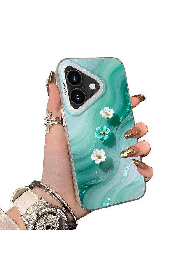 iPhone 17 Compatible Silicone Edge Hard Back Case Couple Phone Case with Floral Pattern
