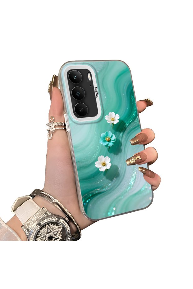 Realme 14X Compatible Silicone Edge Hard Back Case Couple Phone Case with Floral Pattern