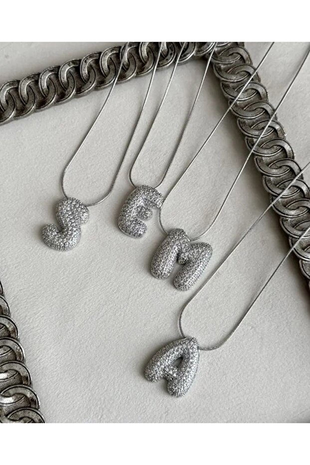 Accessory, Zircon Stone, Italian Chain Balloon Letter Silver Steel Necklace - Letter D