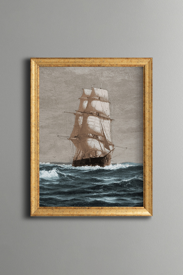 Sailing Ship on the Maine Coast - Vintage Patterned Painting - Fine Model