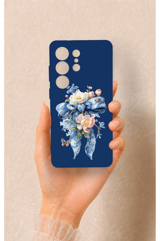 Samsung S26 Ultra Compatible Blue Ribbon Flower Pattern Silicone Case