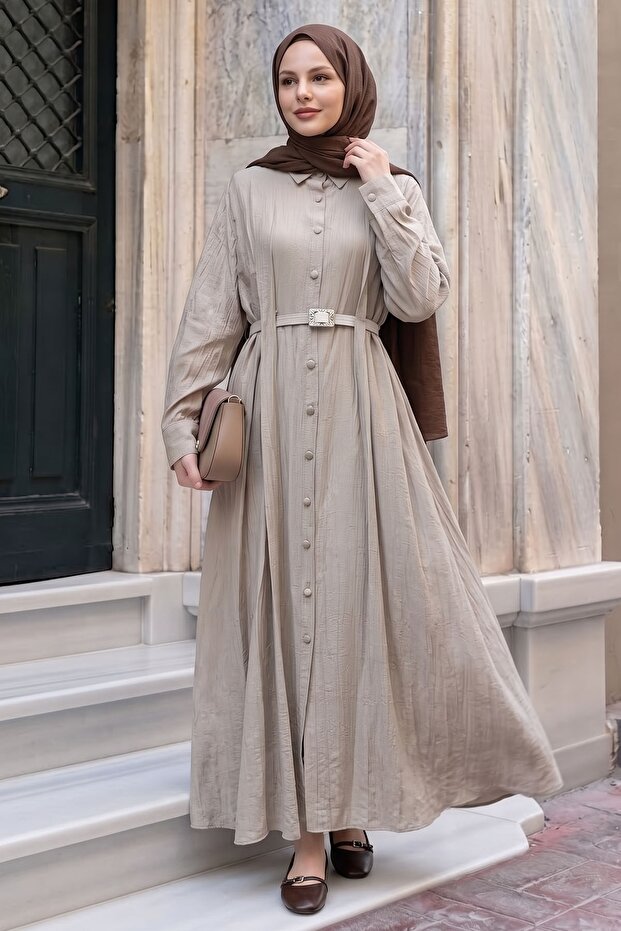 Belted Buttoned Light Beige Ferace Dress