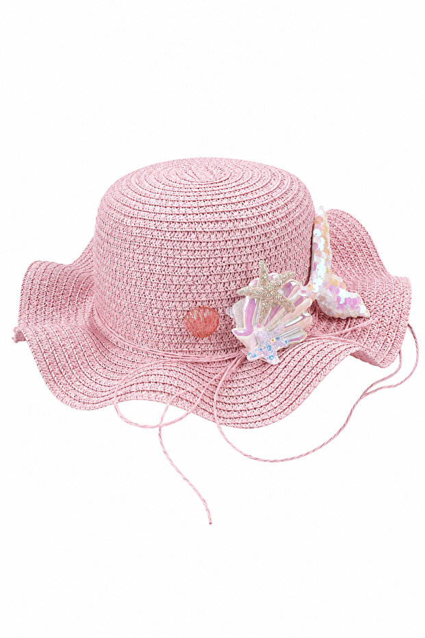 Girl's Pink Sequined Seashell Straw Fedora Hat 1-4 Years Old