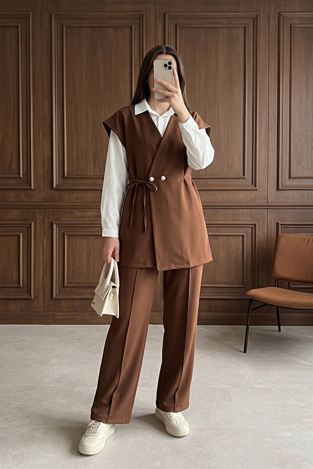 Lace-Up Double Crepe Vest and Trousers Set - Tan