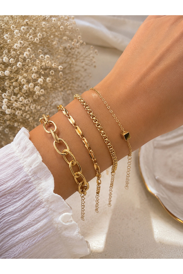 4-Piece Women's Bracelet Combination with Cube Detail in Gold / Silver Color with Extension Chain