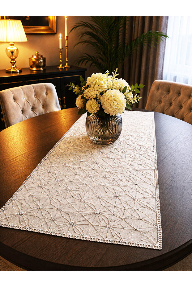 Off-White Modern Embroidered Table Runner 38X110 cm | 100% Polyester