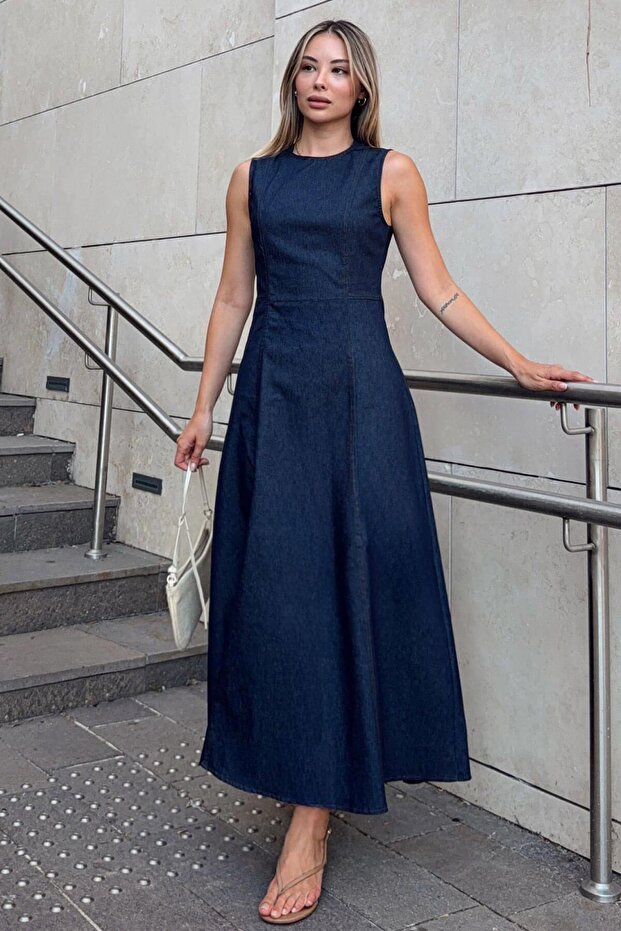 Navy Blue Crew Neck Zero Sleeve Flared Skirt Women's Denim Midi Dress