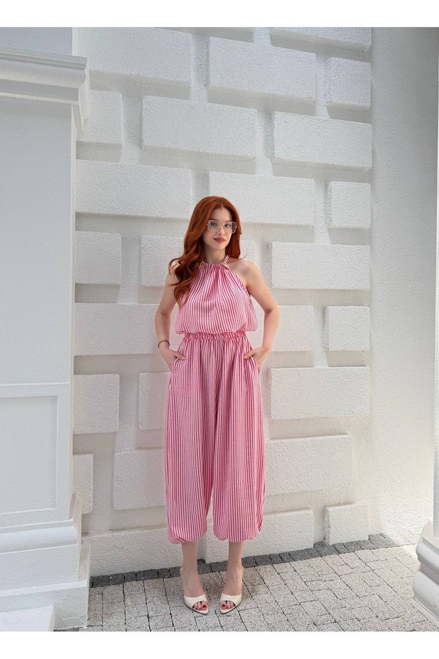 Women's Striped Halter Neck Two-Piece Set Casual Blouse Baggy Pants Summer Set