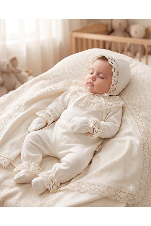 Kopanaki 4 Piece Baby Girl Set with Lace and Combed Cotton Blanket