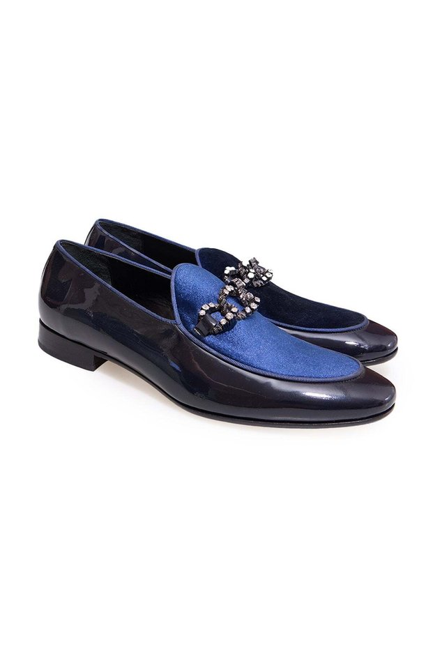 Dark Blue Color Laceless Genuine Leather Leather Sole Men's Shoes