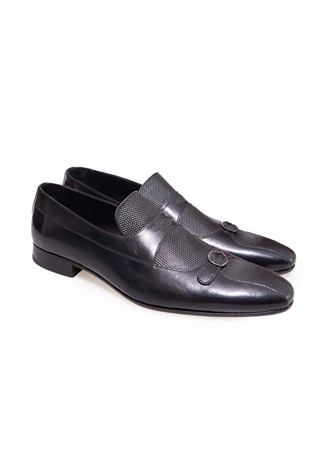 Black Color Laceless Genuine Leather Leather Sole Men's Shoes