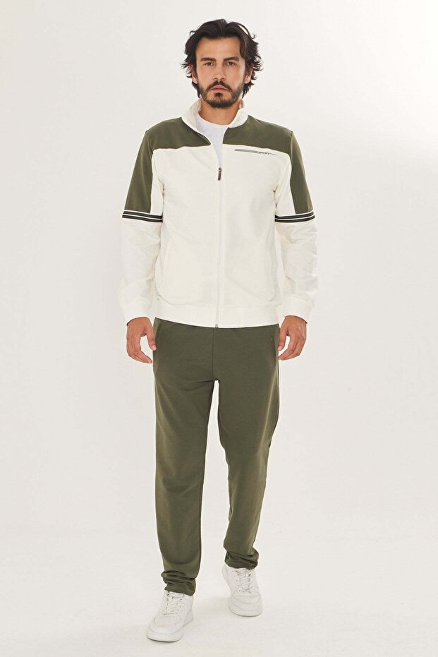 Men's Cotton Stand Collar Tracksuit Set Black-White-Khaki -9537