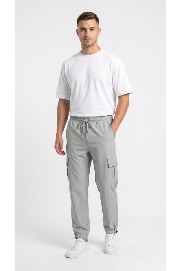 Men's Gray Commando Pocket Parachute Fabric Baggy Trousers with Adjustable Cuffs and Clips