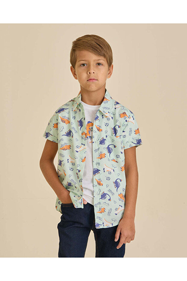 Boys Blue Printed Shirt and T-Shirt 2 Piece Set
