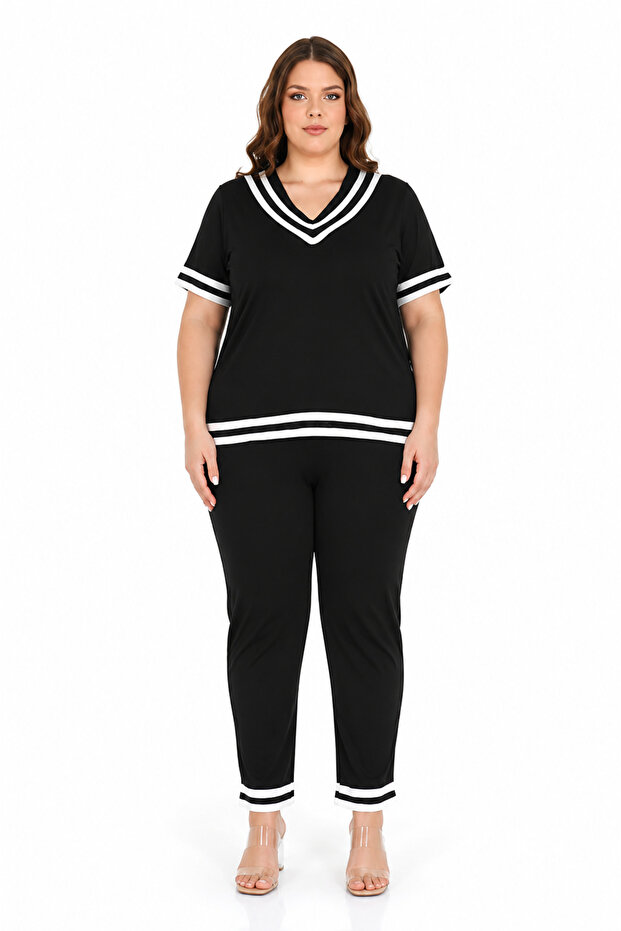 Plus Size V-Neck Stripe Detailed Short Sleeve Women's Double Suit with Tight Leg Pants