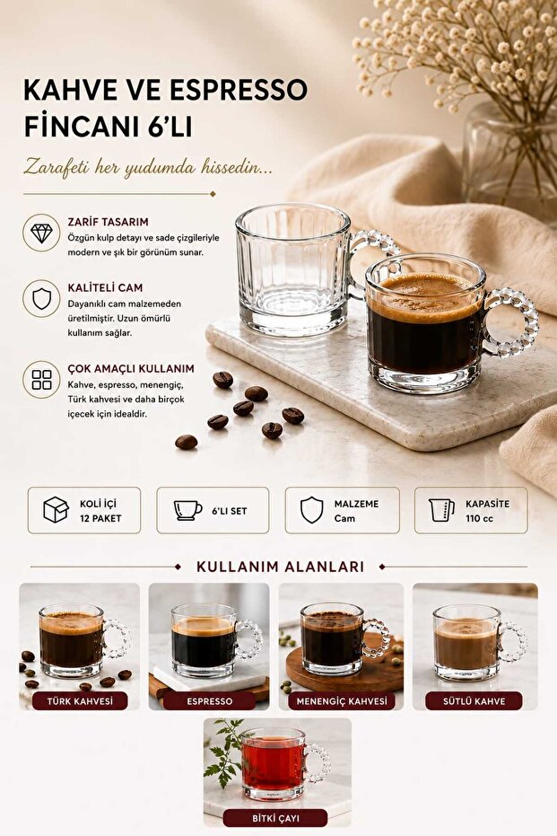 Premium Glass Espresso & Coffee Cup Set, Set of 6
