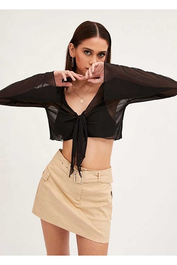 Women's Long Sleeve Bustier Chest Tie Spanish Sleeve Style Tulle Crop Blouse
