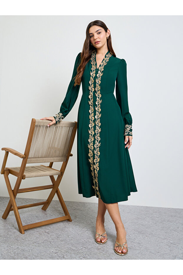 Dark Green Lace Detail A-Line Midi Dress