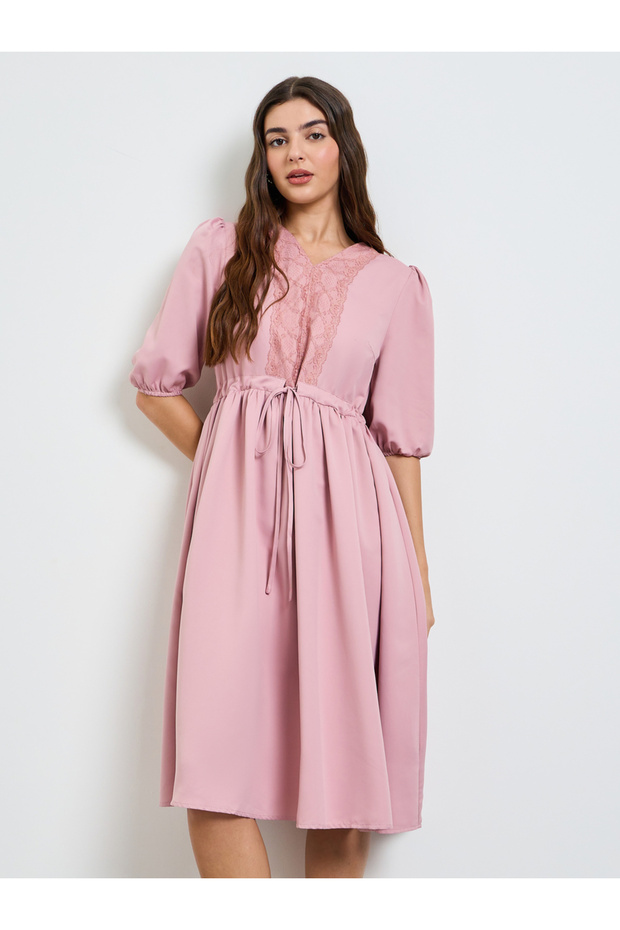 Pink Lace Trim A-Line Midi Dress
