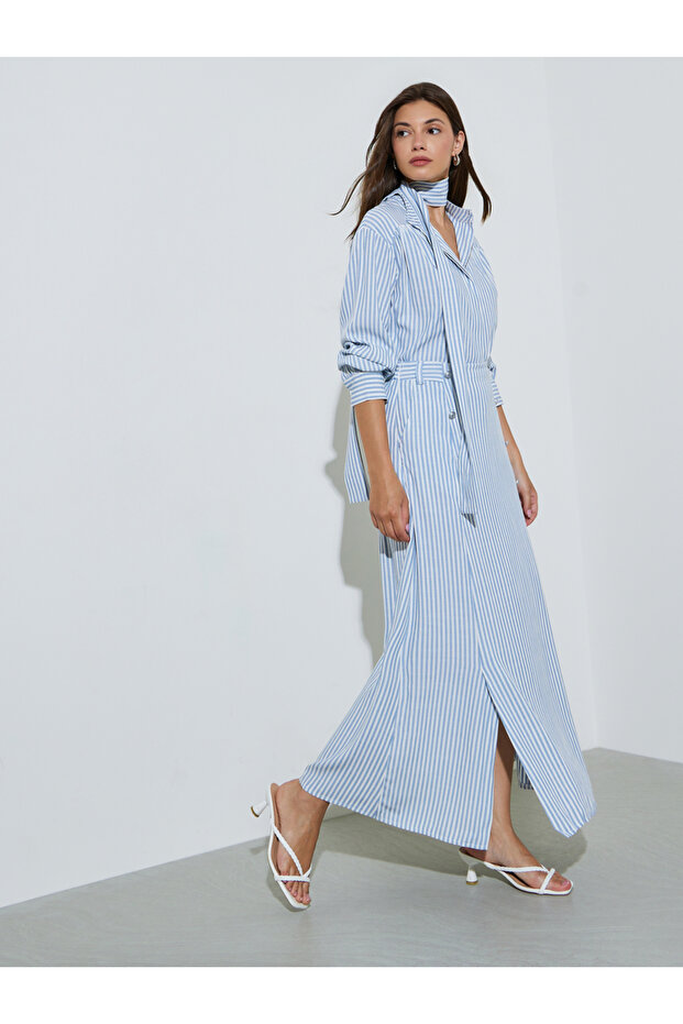 Blue Striped Maxi Skirt with Front Slit