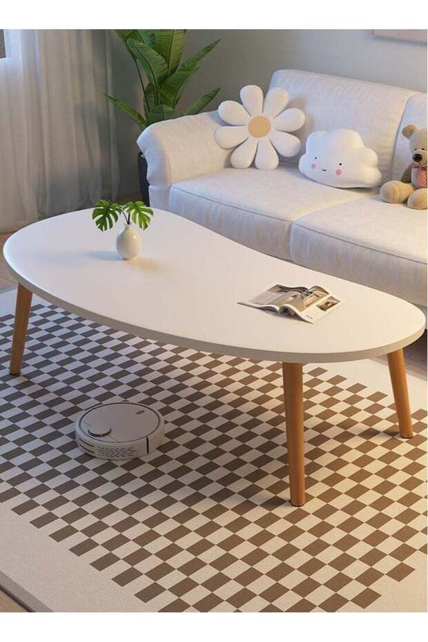 Irregular Shape Table Living Room Small Apartment Home Unique Retro Modern Wooden Coffee Table for Living Room, Office, Lounge White(80*40*42cm)
