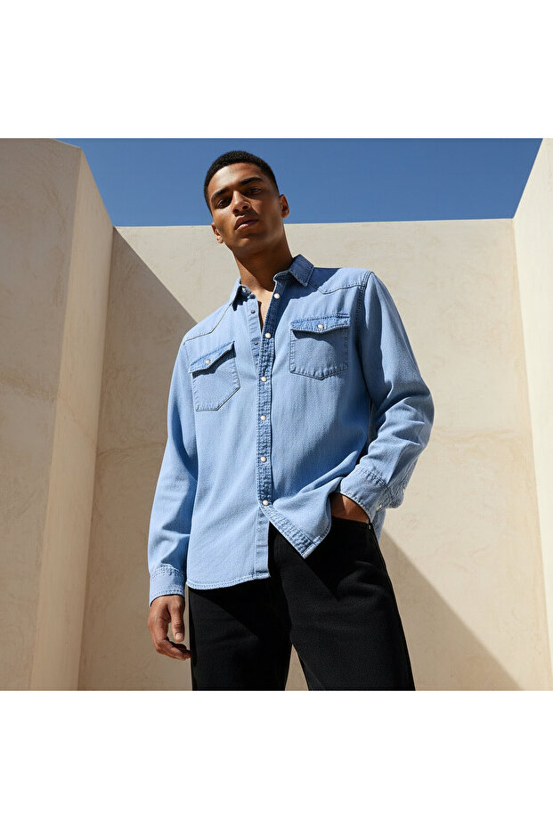 Men Regular Fit Collared Denim Long Sleeves Shirt