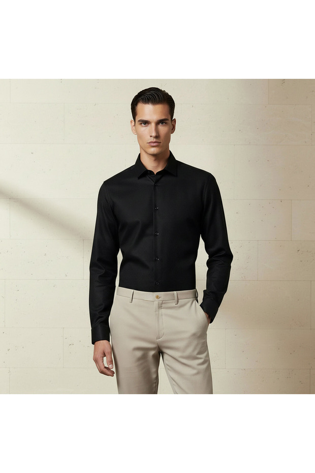 Men Regular Fit Collared Textured Long Sleeve Shirt