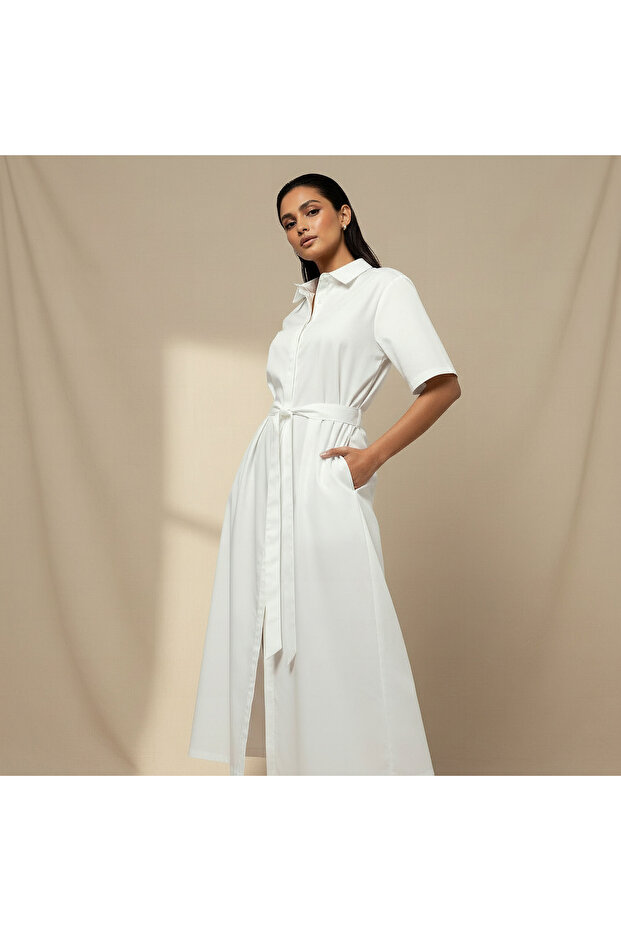 Lapel Collar Midi Cotton Shirt Dress with Tie-Up Belt