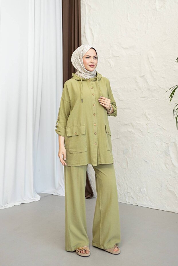 Hooded Detailed Pocketed 100% Cotton Linen Double Set