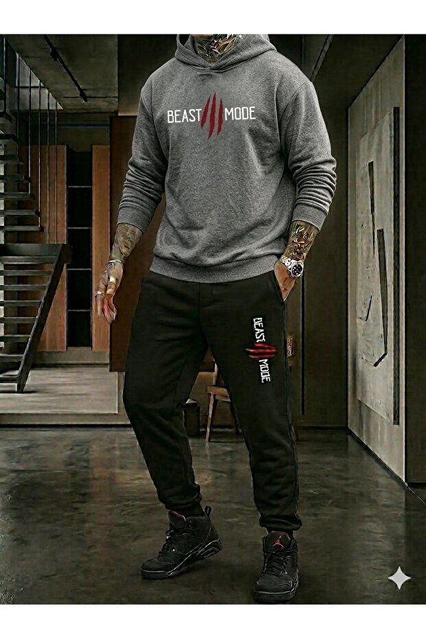 Unisex Beast Mode Printed Hooded Sweatshirt Tracksuit Set