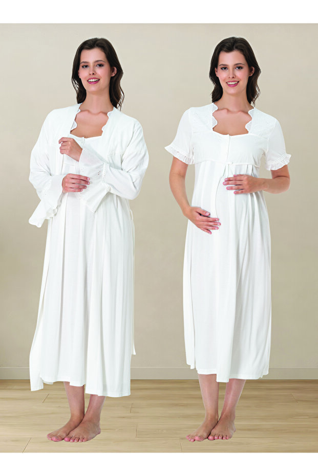 Maternity Short Sleeve Nightgown Set with Dressing Gown