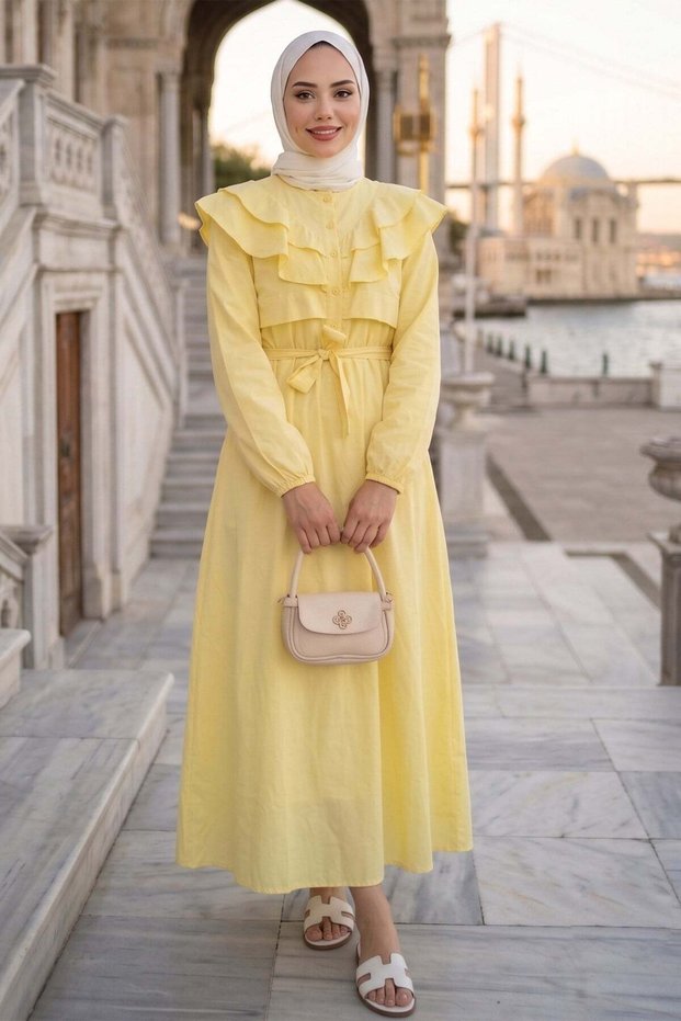 Volan Collar Buttoned Elastic Waist Belted Dress Hnt03151 Yellow