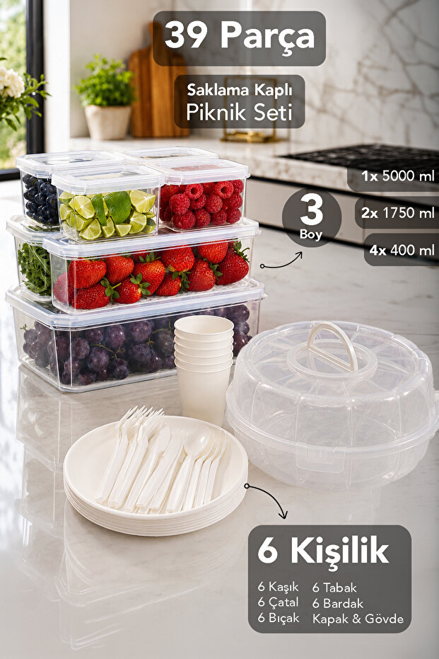 7-Piece Storage Container with Strainer and 32-Piece Portable Garden Camping Serving Set White