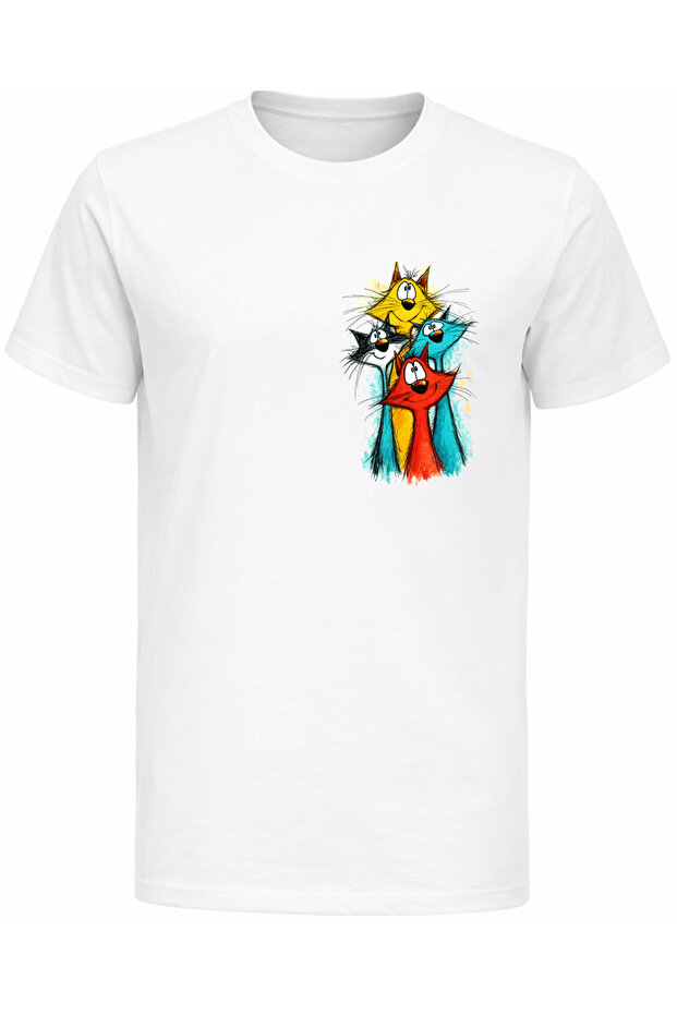 Colorful Cat Characters Printed Colorful Cat Illustration Cotton T-Shirt