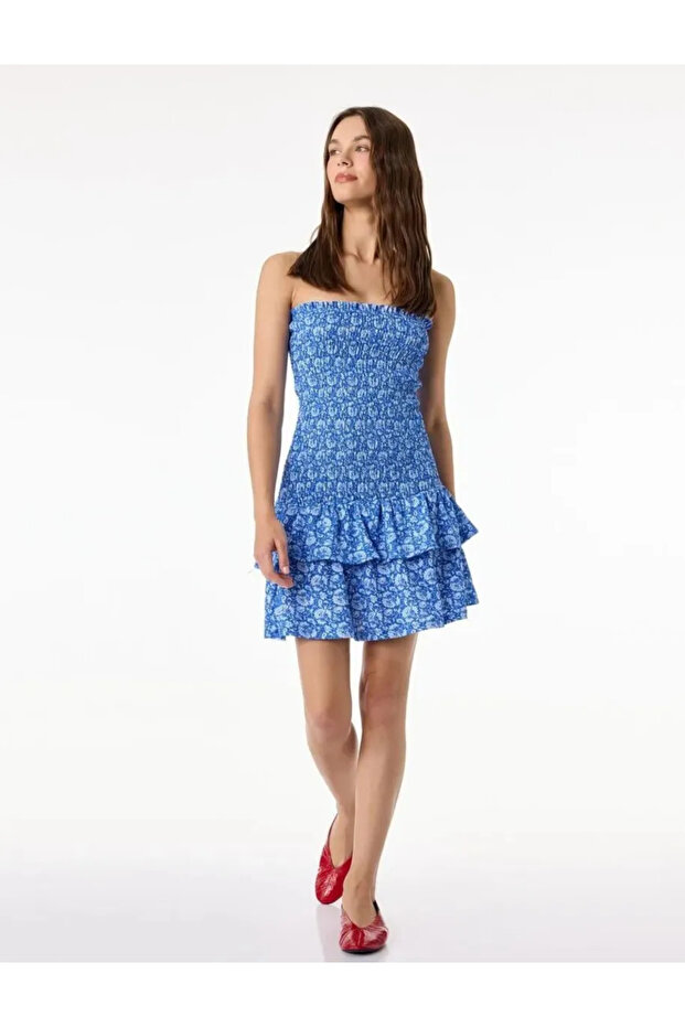 Slim Fit Strapless Sleeveless Layered Flounce Gipeli Mini Floral Dress